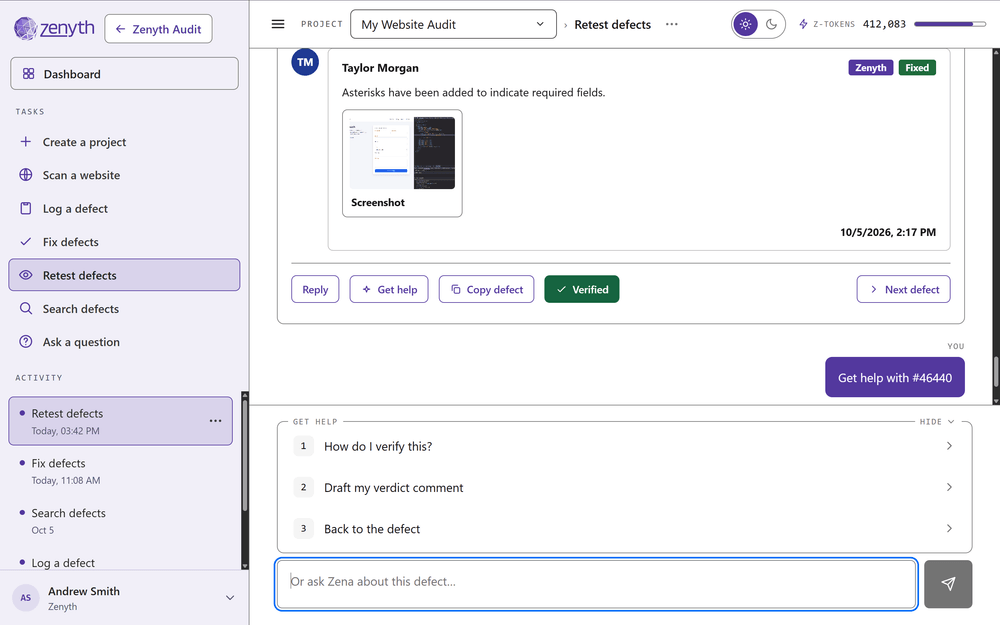 Screenshot: Track fixes and verify